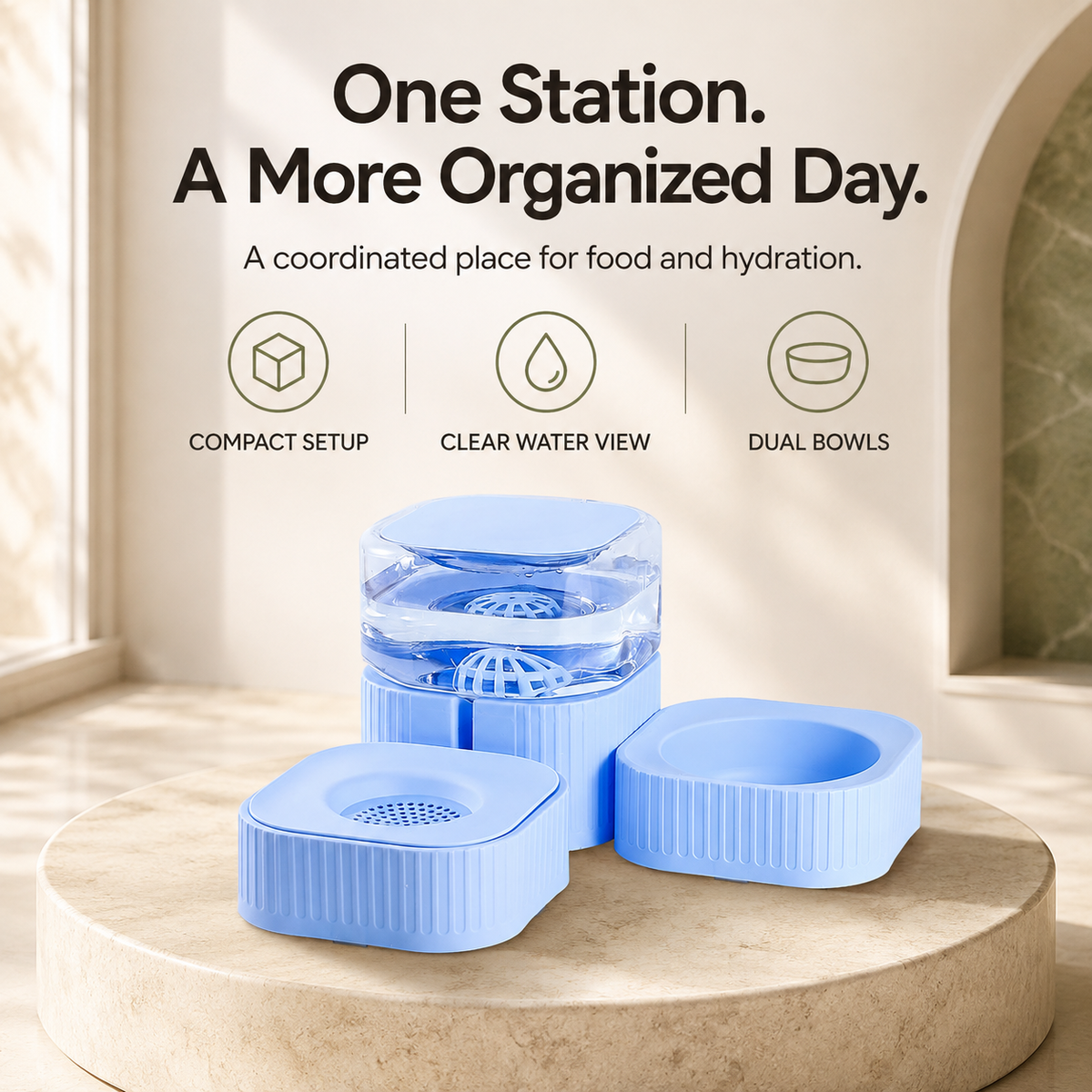 Compact organized pet feeding station with dual bowls and water tank