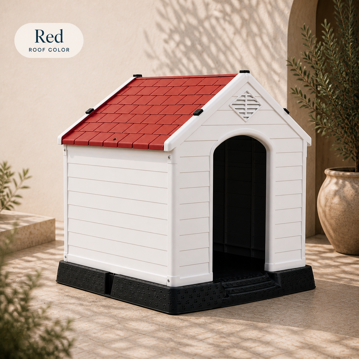 Red roof ventilated plastic dog house with wide black base