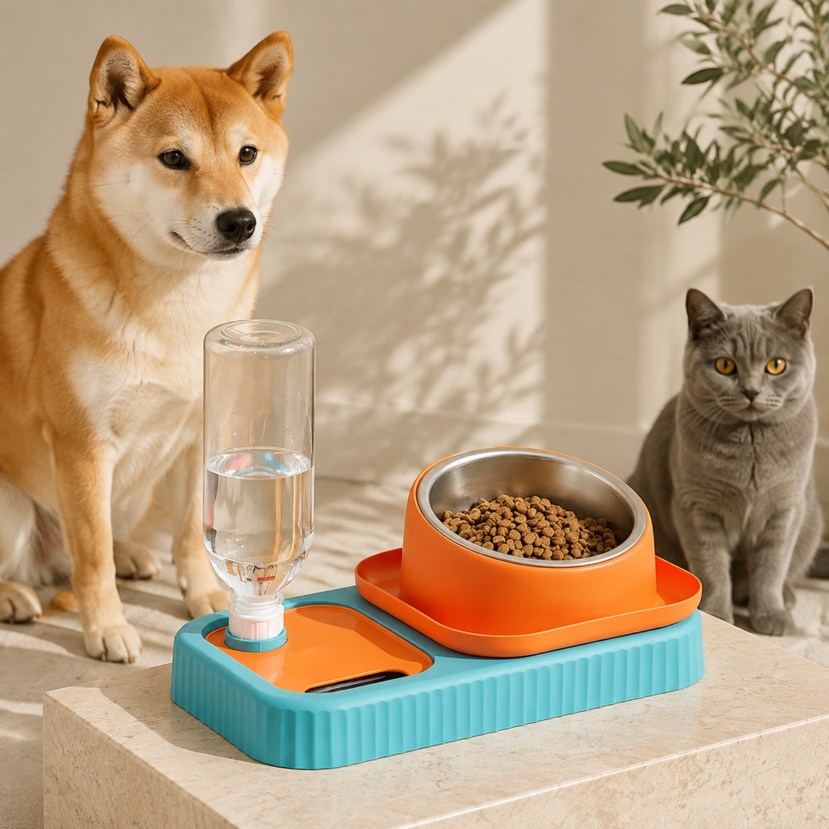 Turquoise and orange 2 in 1 pet feeding station with gravity water bottle and stainless steel bowl
