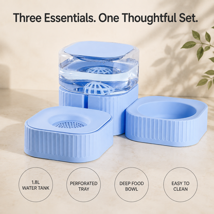 Three-piece cat and small dog feeding station feature overview
