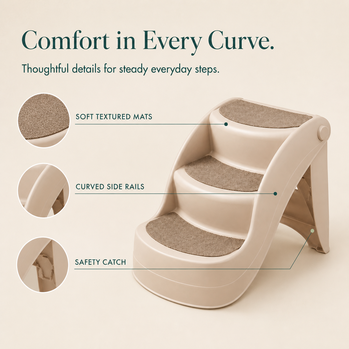 Beige pet stairs with soft carpet mats curved rails and safety catch