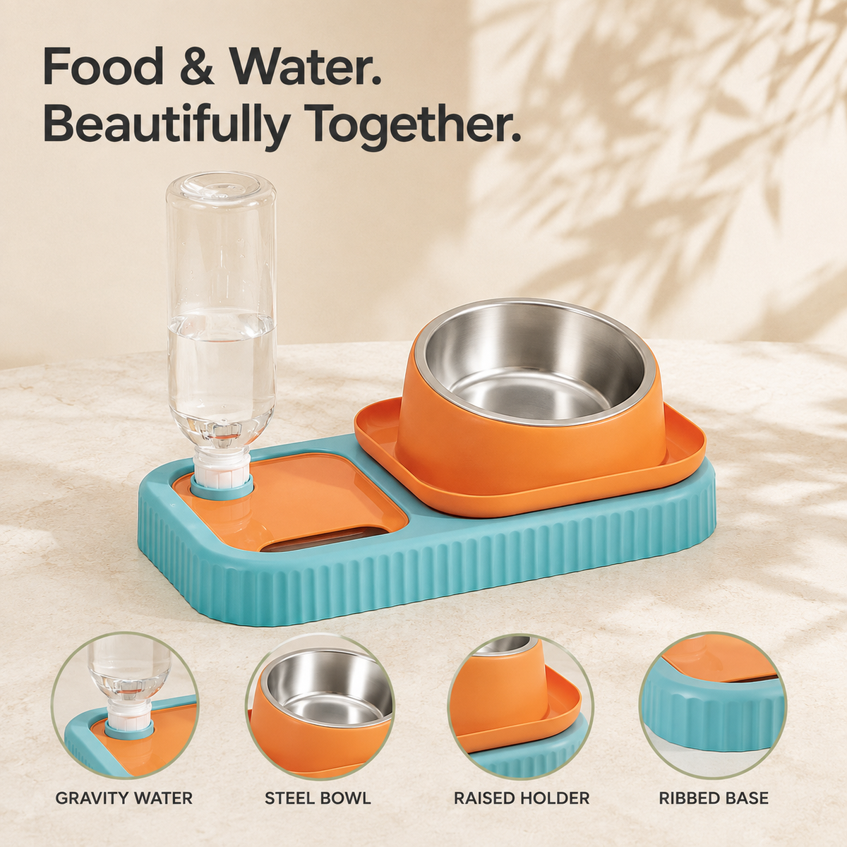 Pet food and water station with gravity bottle stainless steel bowl raised holder and ribbed base