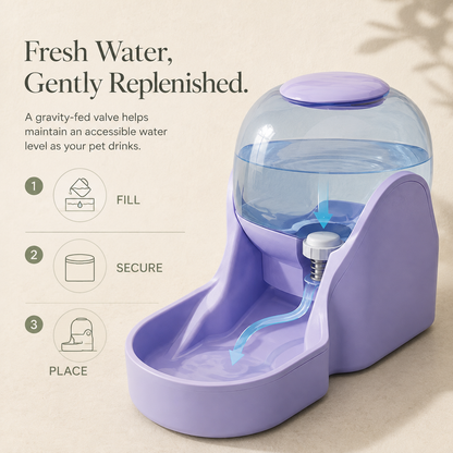 Gravity-fed pet water dispenser refill flow infographic