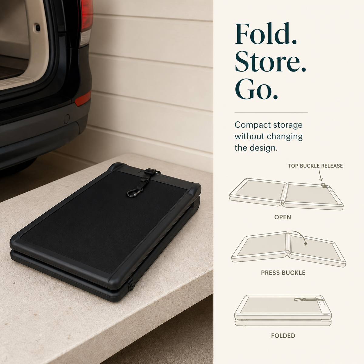 Compact black bi-fold pet ramp folded for storage with securing buckle