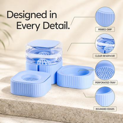 Ribbed pet feeder body, perforated tray and rounded bowl details