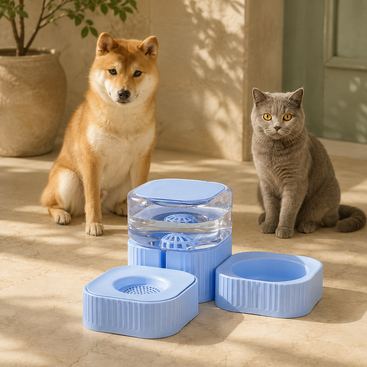 Light blue feeding and hydration station for cats and small dogs