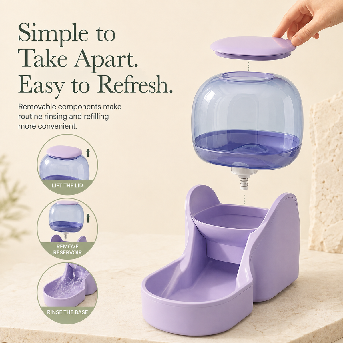 Removable pet water dispenser components for easy cleaning