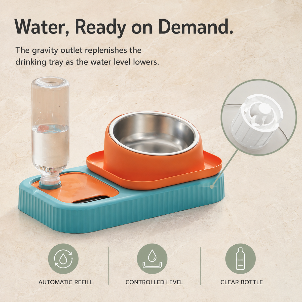 Gravity water bottle valve and controlled drinking tray feature