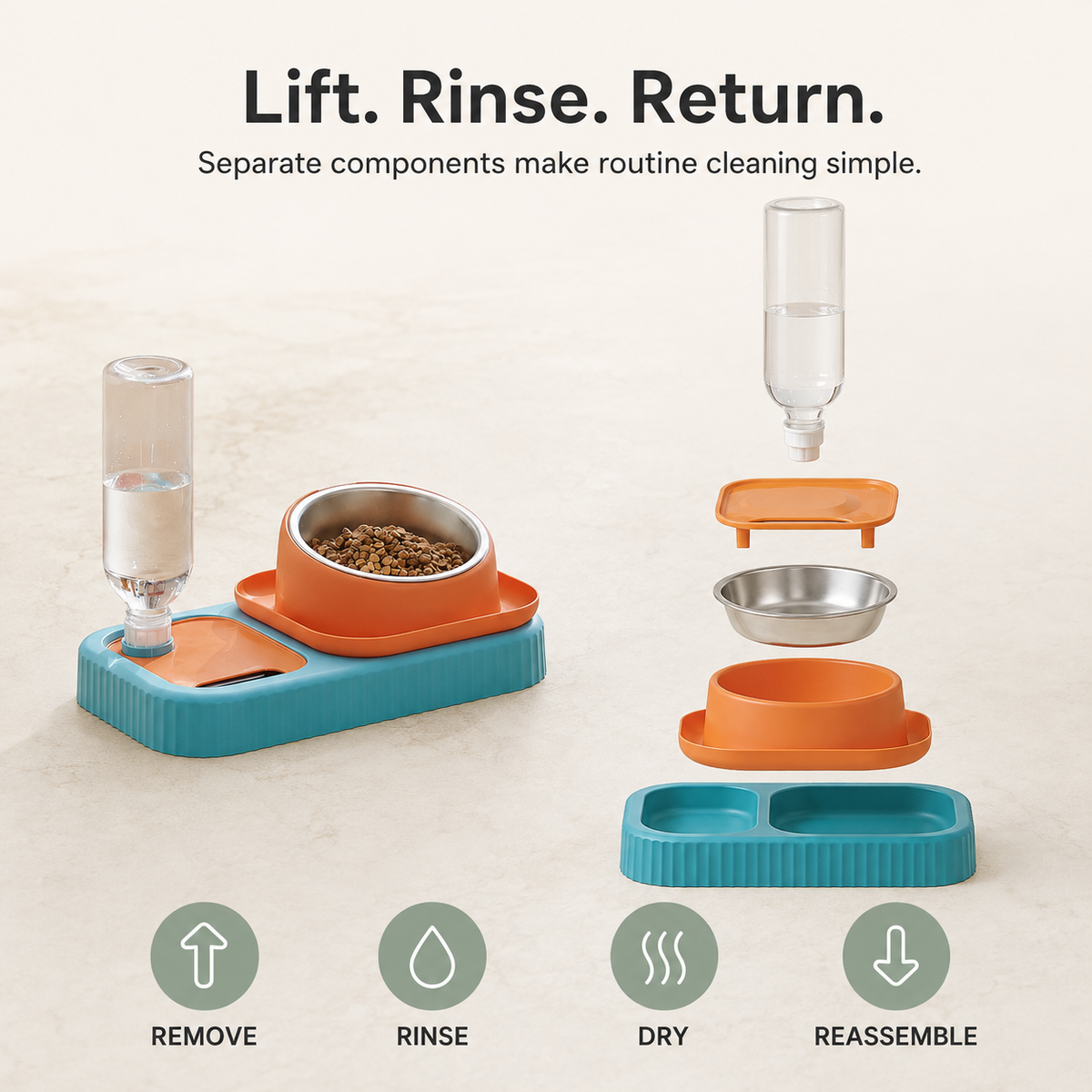 Removable easy clean pet food bowl water bottle and tray components