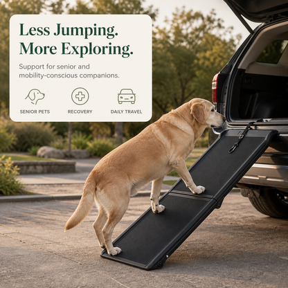 Senior dog using compact black pet ramp at vehicle