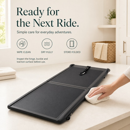 Black foldable pet ramp care and cleaning guide