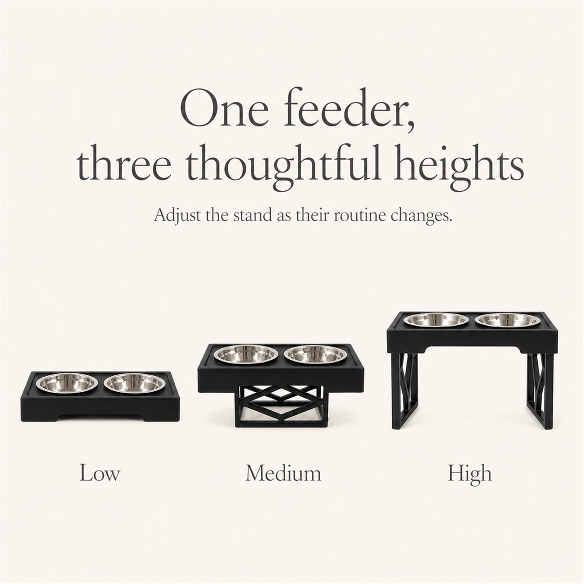 Black dog bowl stand with three adjustable height positions