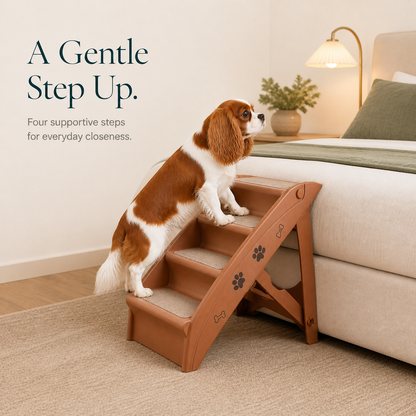 Brown four-step pet stairs beside a low bed with a small dog