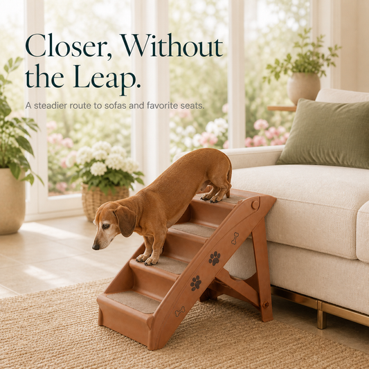 Brown four-step dog stairs providing access to an ivory sofa