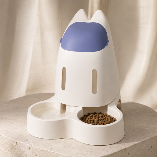 Navy cat-ear pet food feeder and water dispenser with two bowls