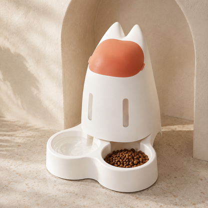 Orange cat-ear pet feeder with water and dry food bowls