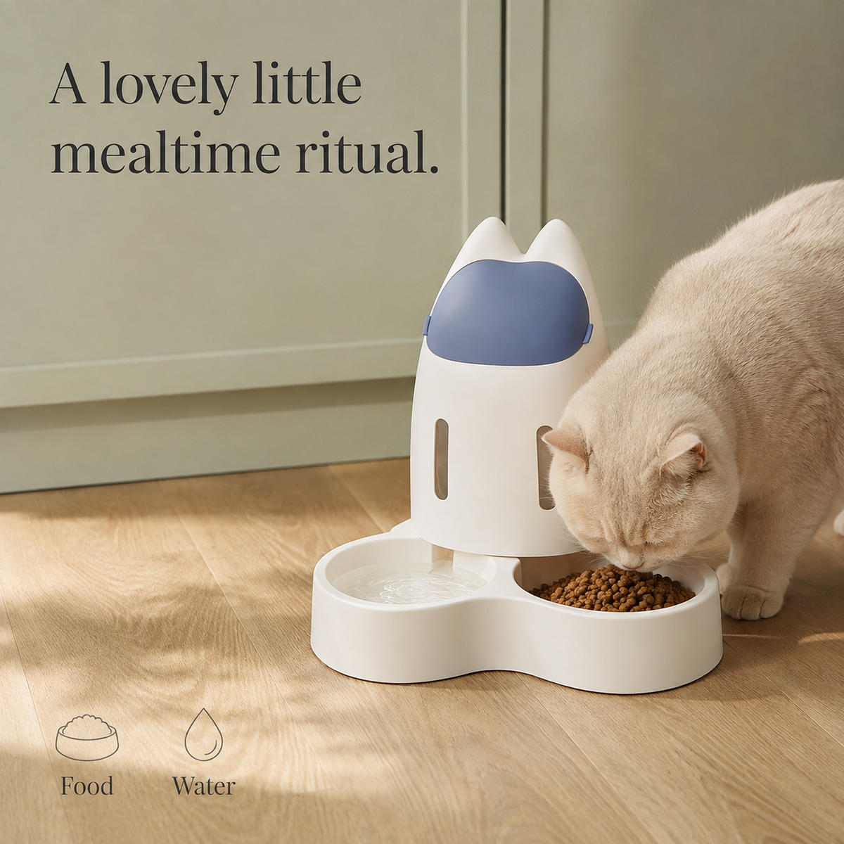 Cat eating from the navy food and water feeding station