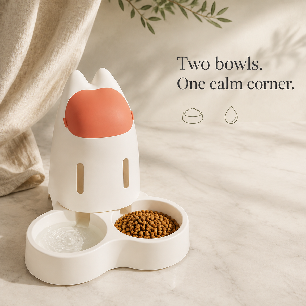 Orange pet feeder showing separate food and water bowls