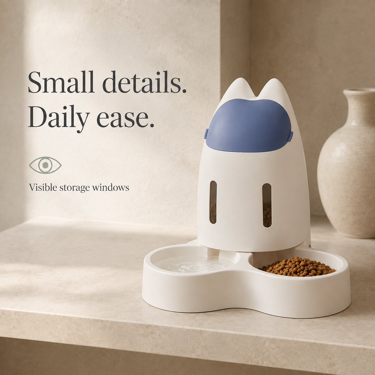 Navy pet feeder with visible storage windows