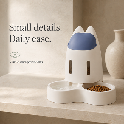 Navy pet feeder with visible storage windows