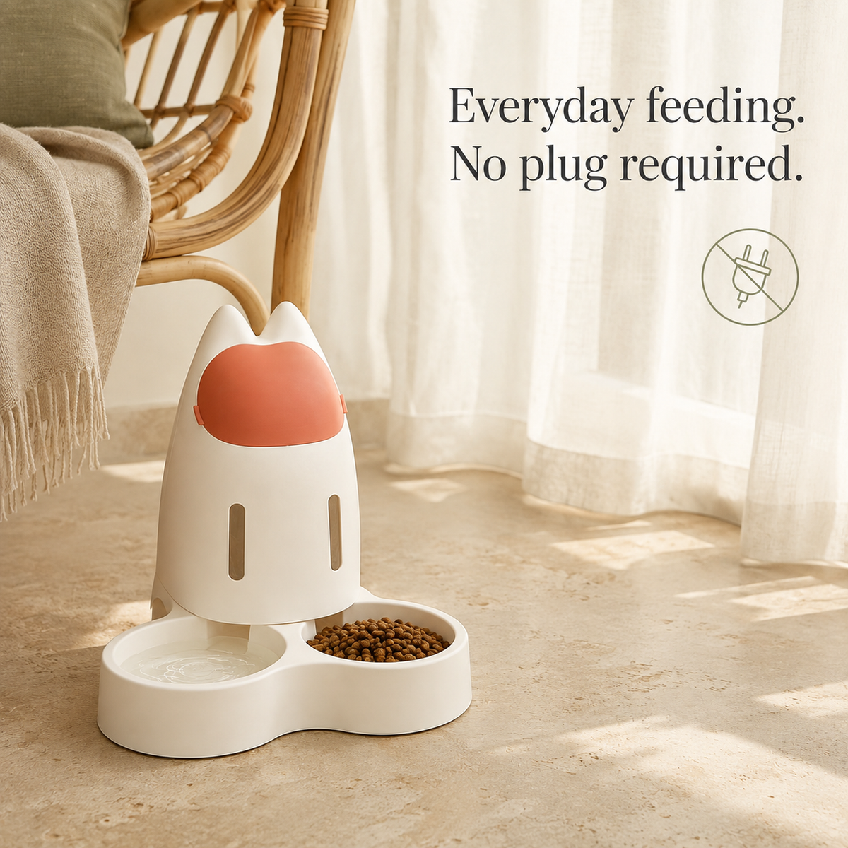 Orange gravity pet feeder that requires no plug