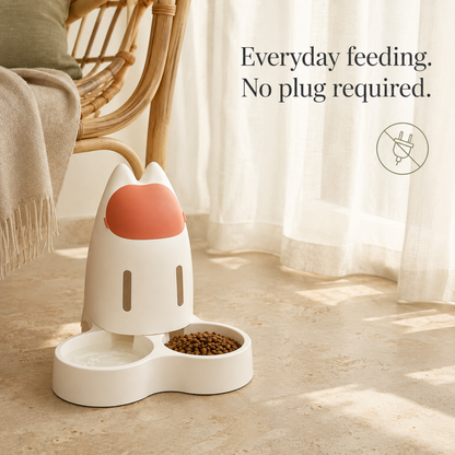 Orange gravity pet feeder that requires no plug