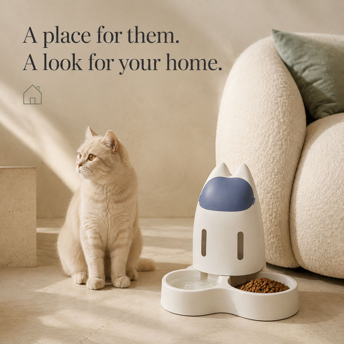 Navy cat-ear feeder beside a cat in a calm living room