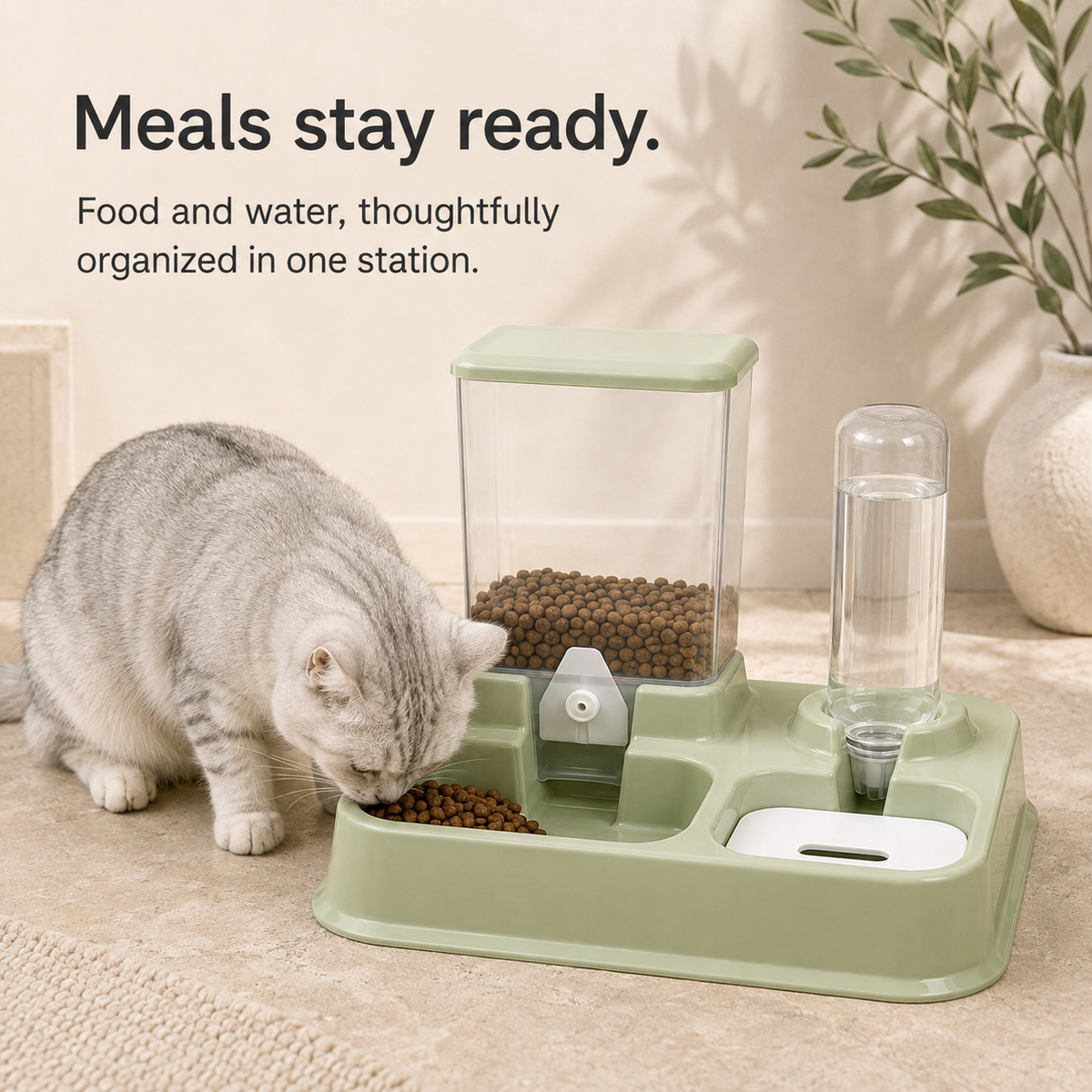 Cat eating from gravity food and water station