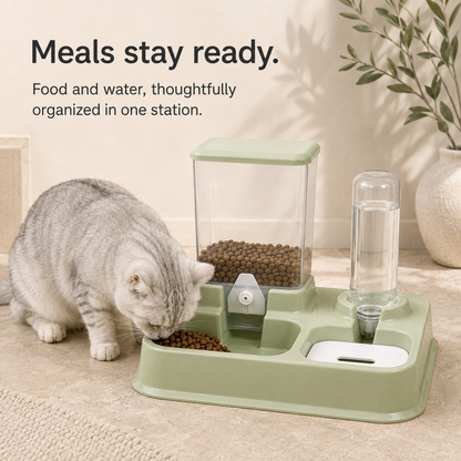Cat eating from gravity food and water station