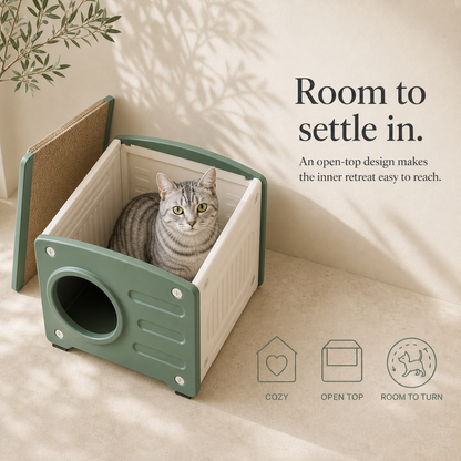 Open top cat house interior with tabby cat