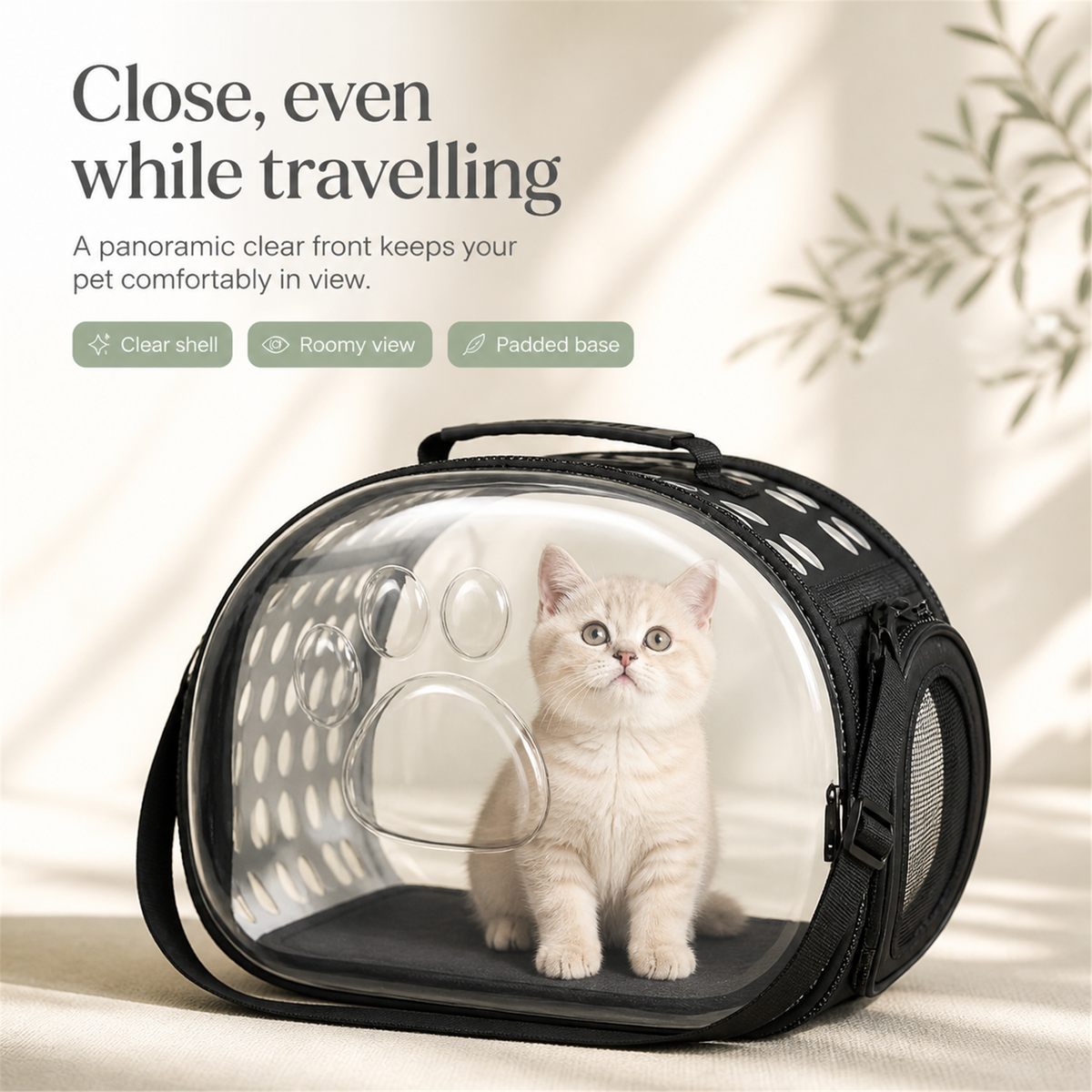 Kitten visible inside clear-front pet carrier