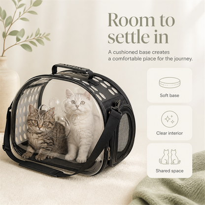 Two kittens inside the cushioned clear-front pet carrier