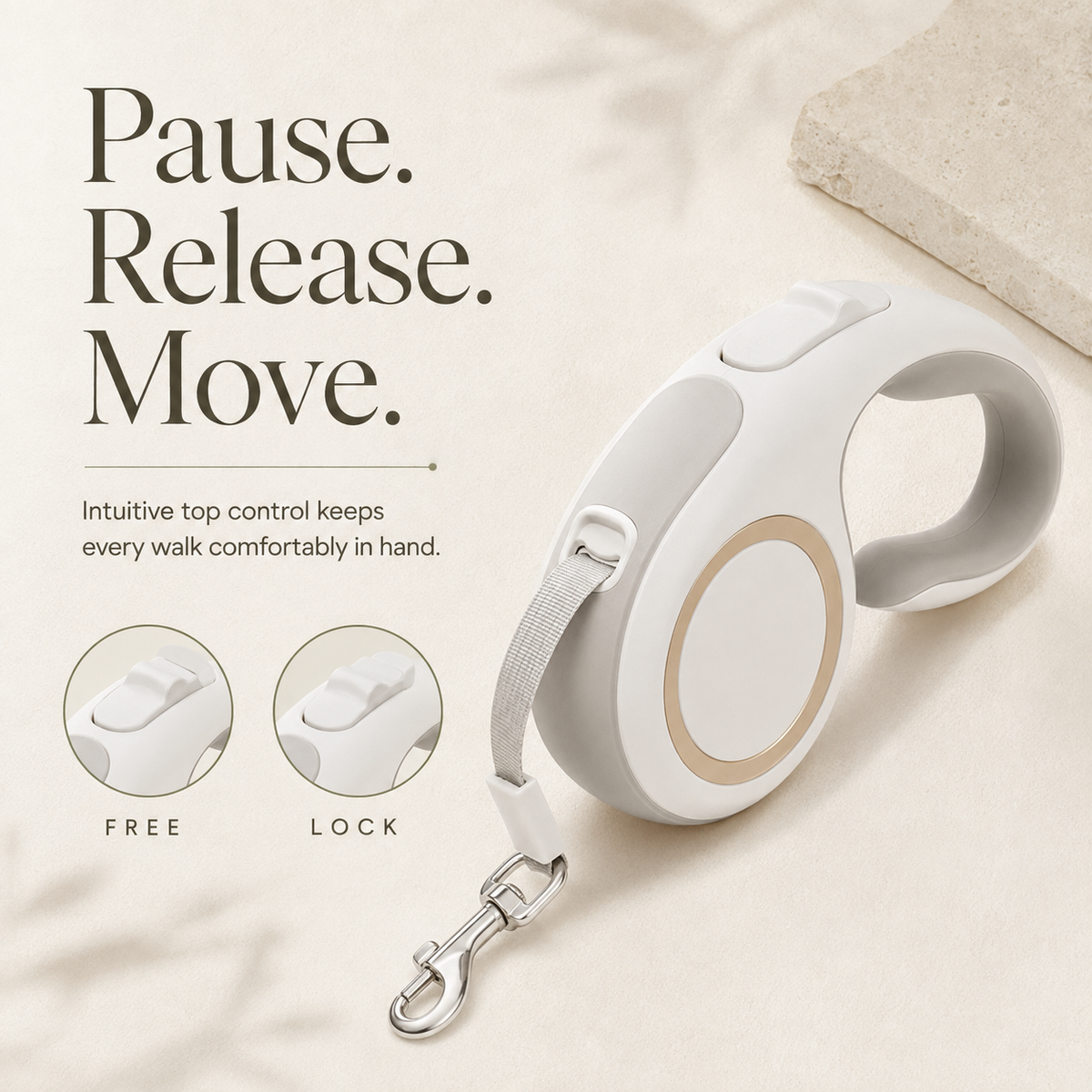 Top lock control on white retractable dog leash