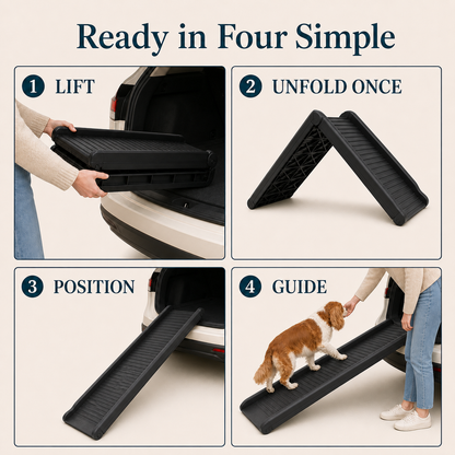 Four-step guide for unfolding and positioning a dog ramp at a vehicle