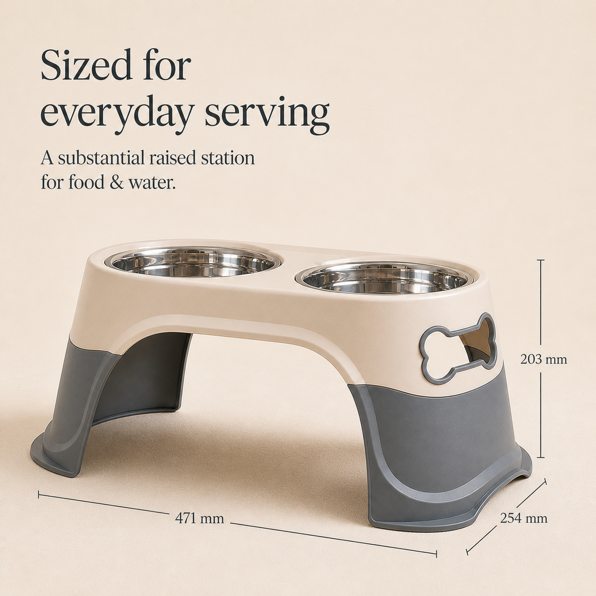Elevated dog bowl stand dimensions 471 by 254 by 203 millimeters