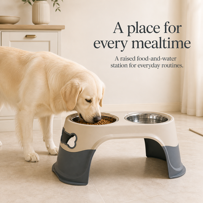 Dog eating from elevated double stainless steel bowl station
