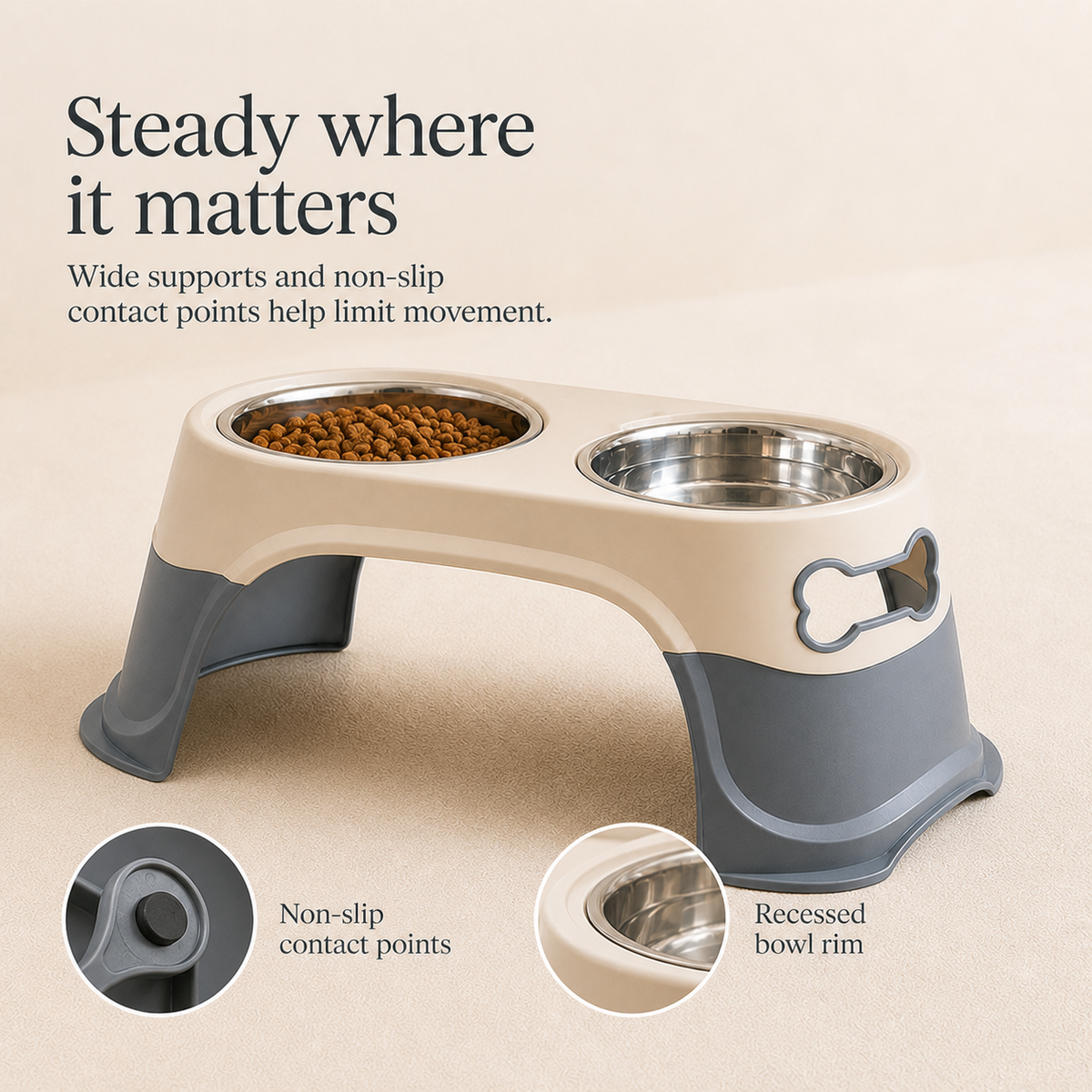 Non-slip elevated double dog bowl stand details