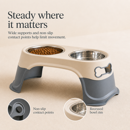 Non-slip elevated double dog bowl stand details