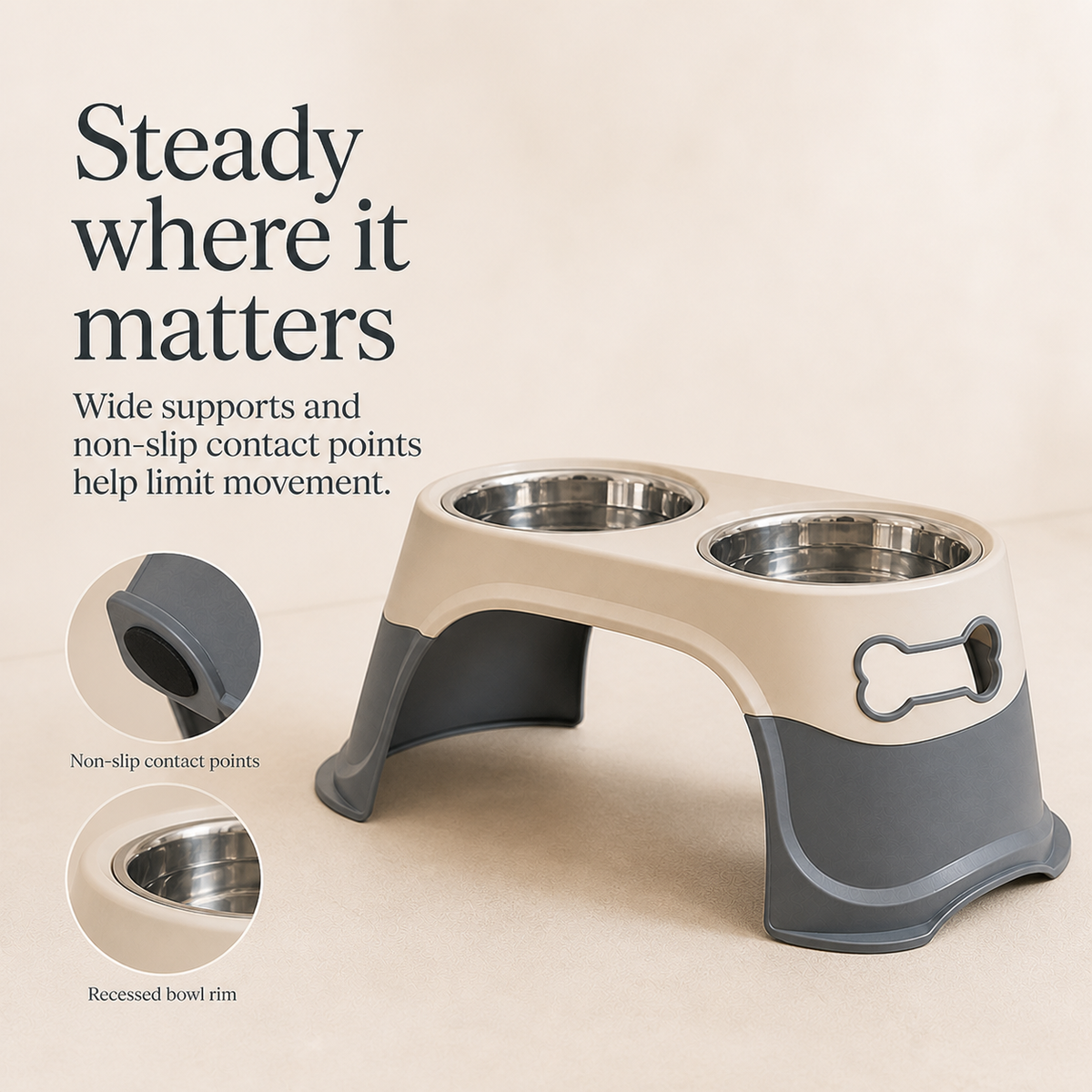 Raised double dog bowls with wide supports and recessed rims
