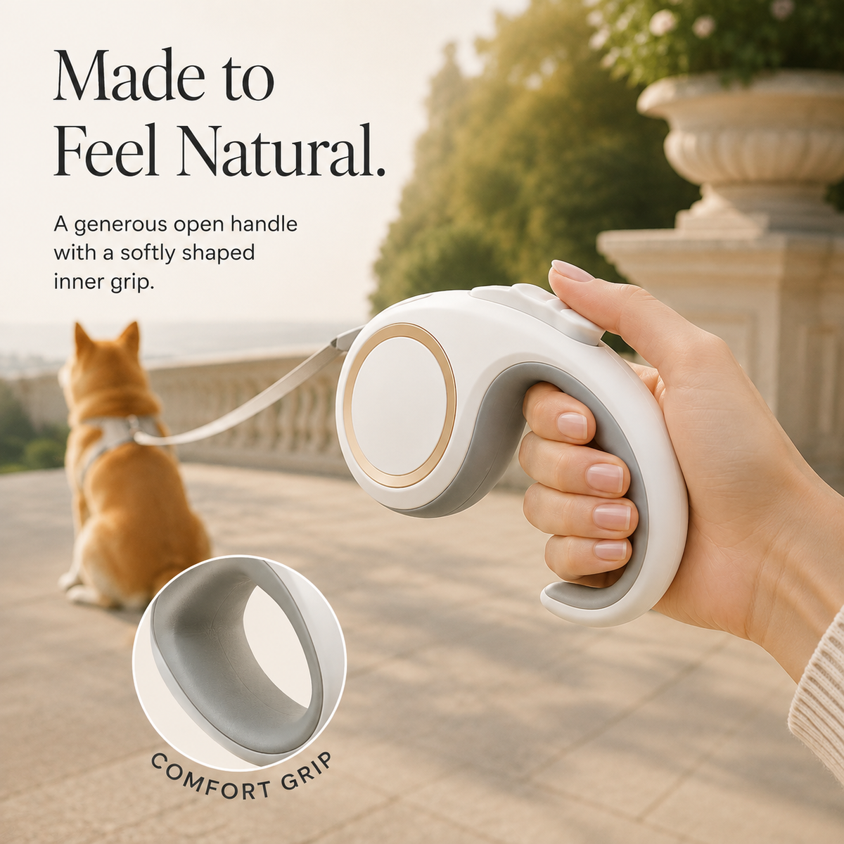Comfort grip handle on retractable dog leash