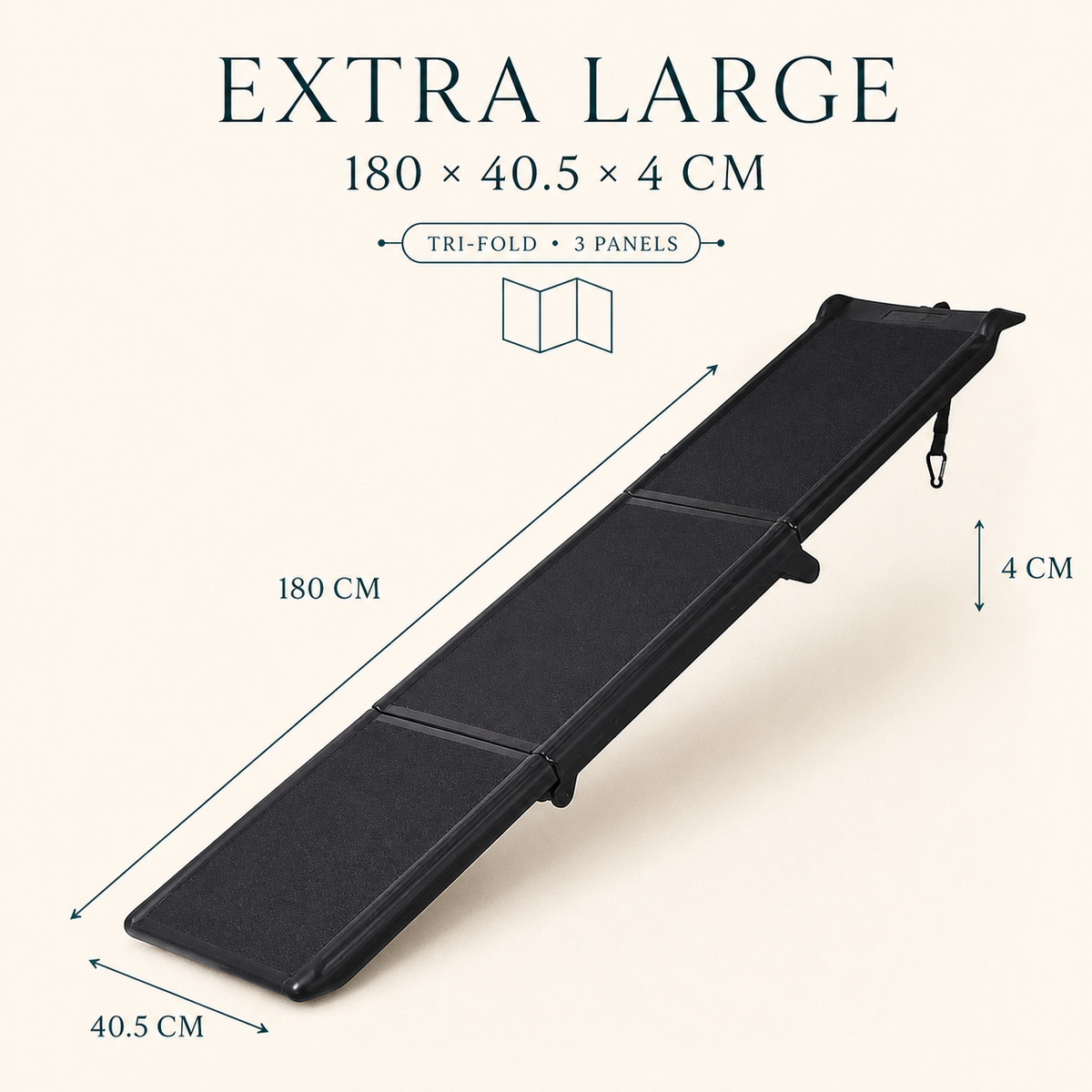 Extra Large black tri-fold pet ramp 180 by 40.5 by 4 cm size guide