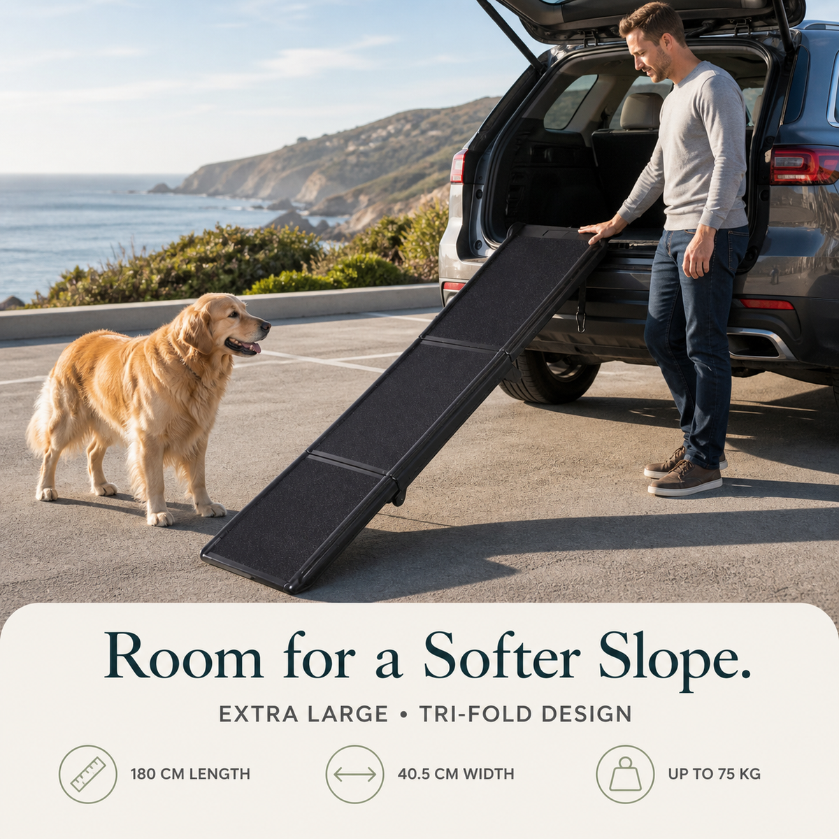 Extra Large 180 cm black tri-fold dog ramp beside SUV at coastal overlook