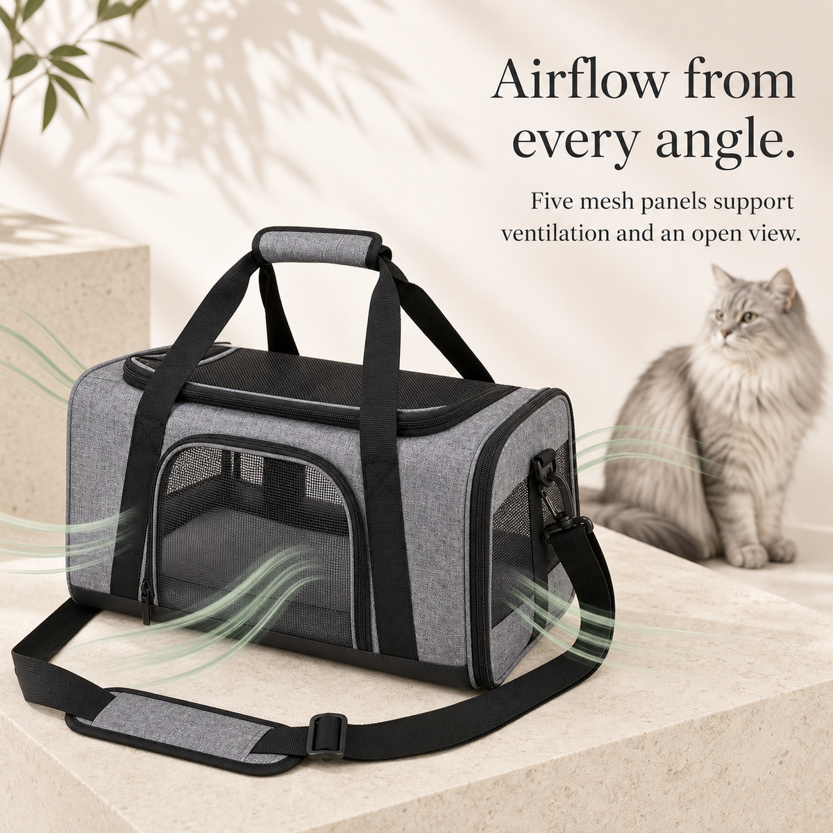 Five-sided mesh ventilation on grey cat and small dog carrier