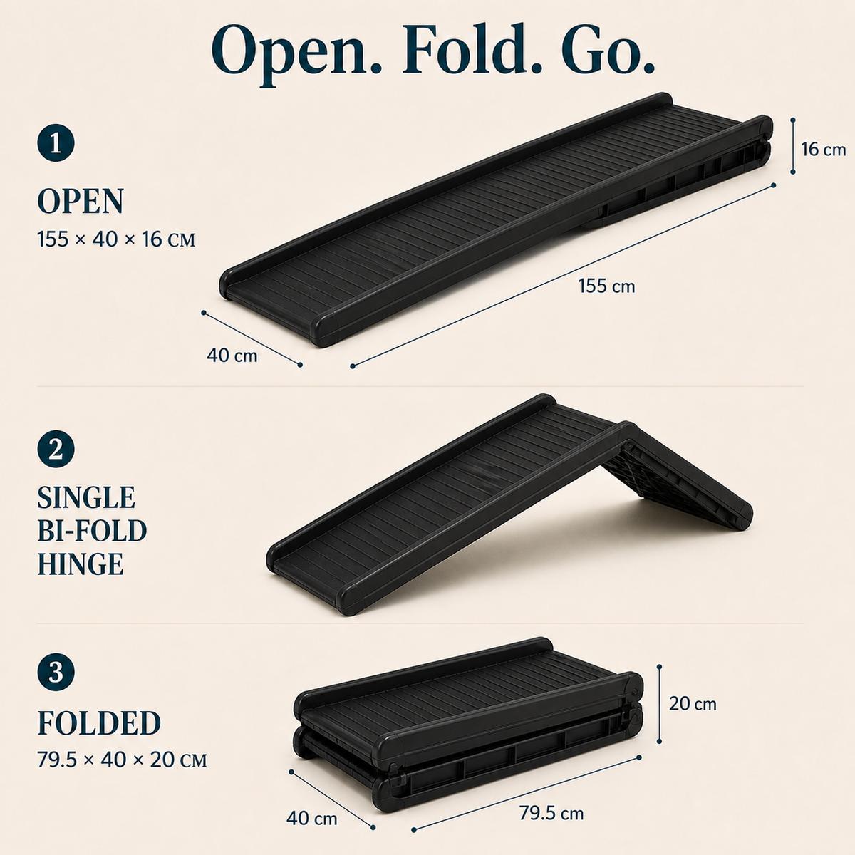 Foldable dog ramp open and folded size guide, 155 by 40 centimetres