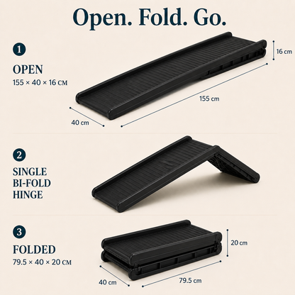 Foldable dog ramp open and folded size guide, 155 by 40 centimetres