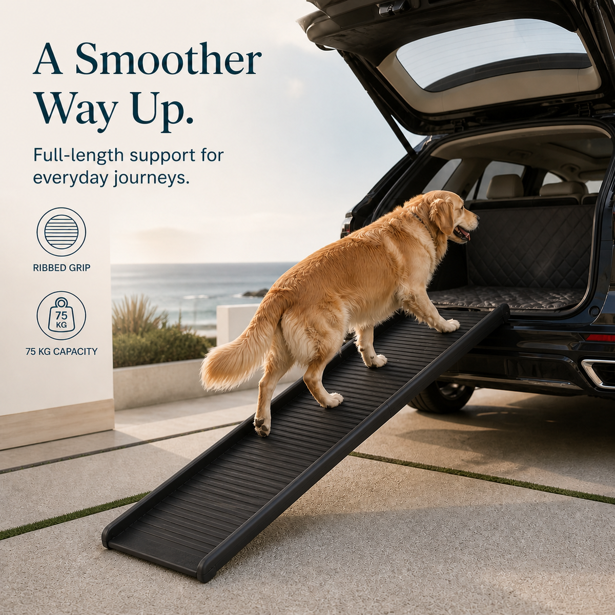Foldable black dog ramp for SUV, seamless ribbed walking surface