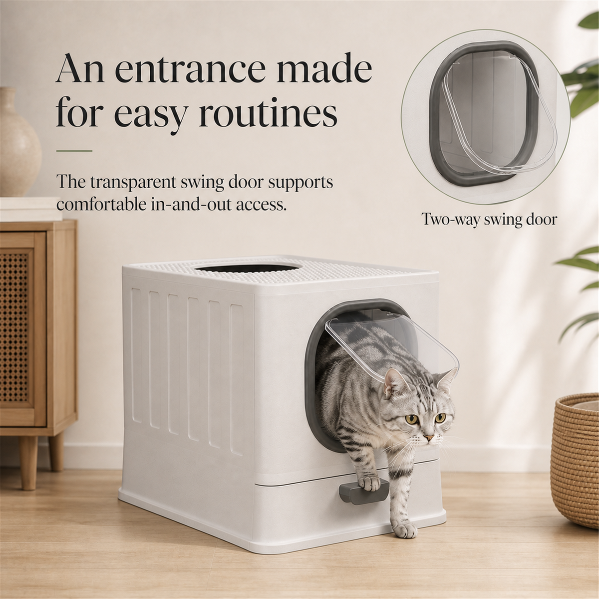 Cat using transparent two-way swing door litter box