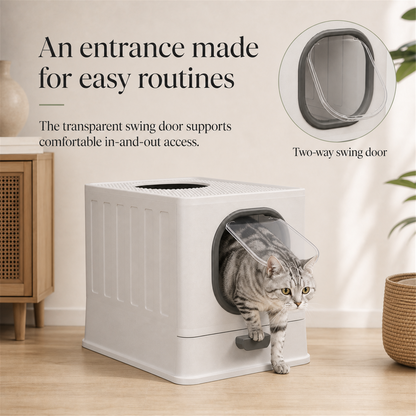 Cat using transparent two-way swing door litter box