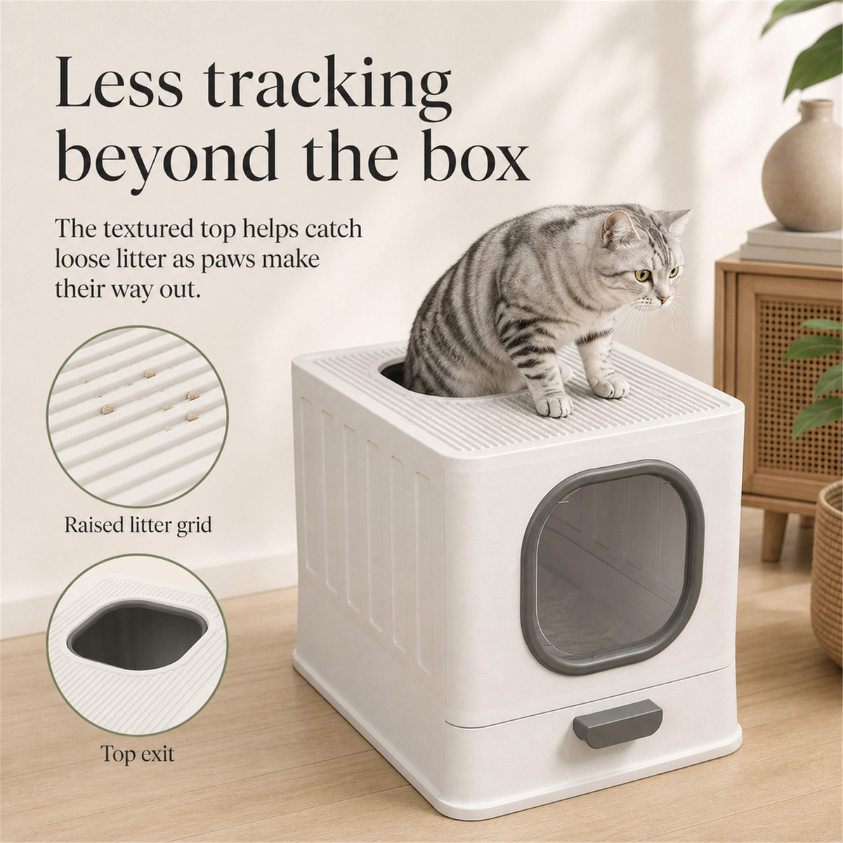 Textured litter-trapping top and top exit for cats