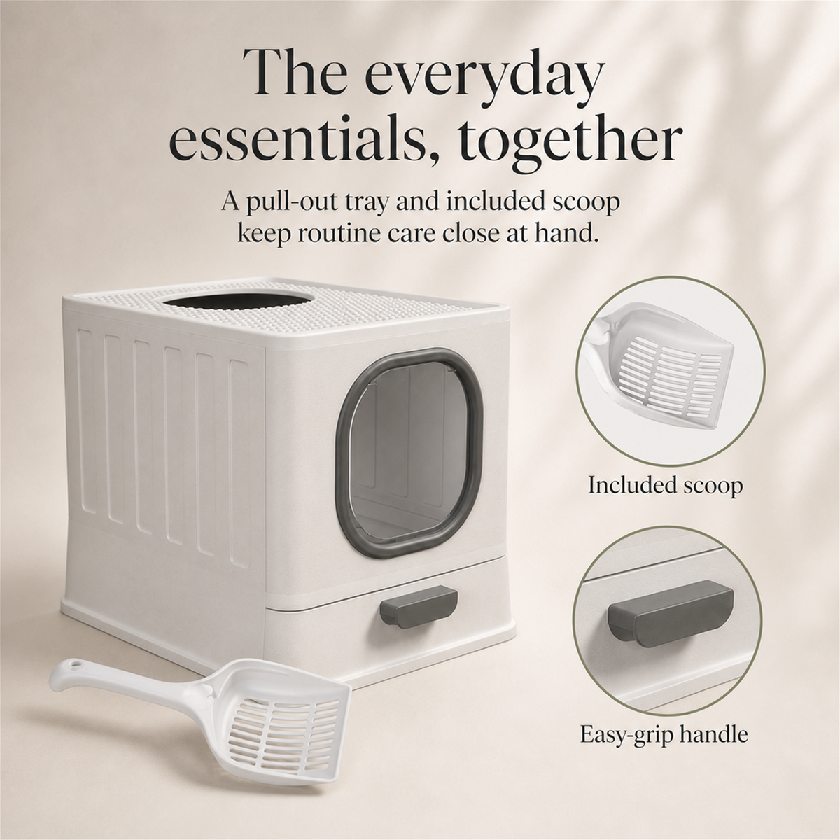 Cat litter box with included scoop and easy-grip drawer handle
